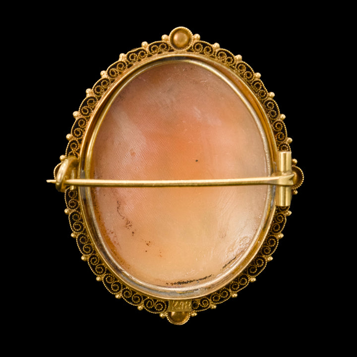 Victorian Three Graces Shell Cameo Mounted in 18K Yellow Gold Etruscan Revival Pin Setting