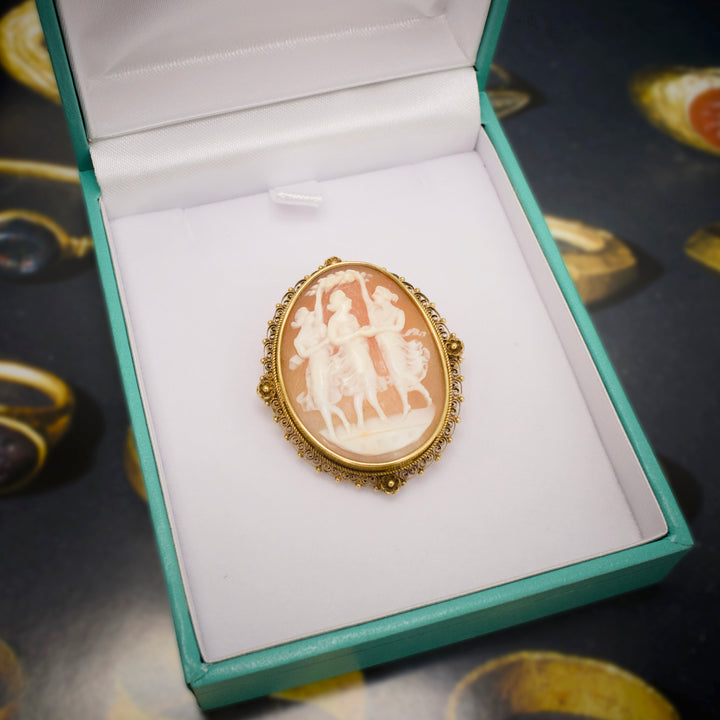 Victorian Three Graces Shell Cameo Mounted in 18K Yellow Gold Etruscan Revival Pin Setting