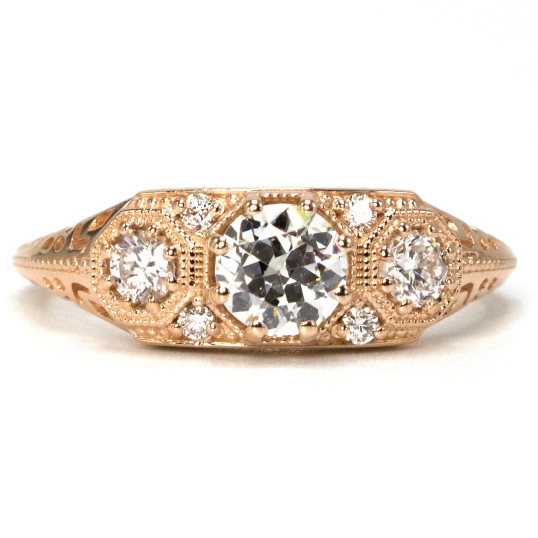 Edwardian Inspired Three Stone European Cut Diamond Ring in Rose Gold