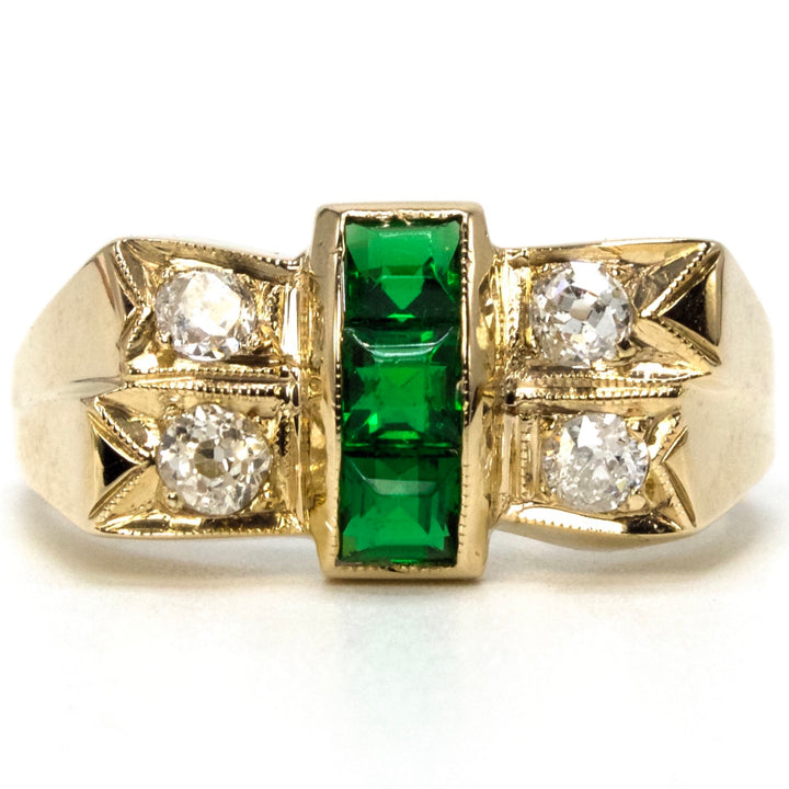 Retro (ca. 1944) Yellow Gold, European Cut Diamond, and Emerald Ring