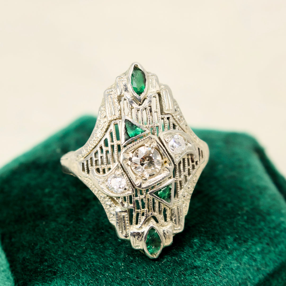 Art Deco 18K White Gold Diamond and Emerald Navette Ring