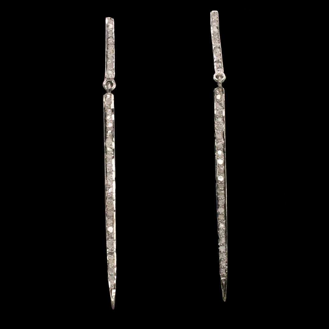 Oxidized Sterling Silver and Pavé Rose Cut Diamond Long Drop Earrings