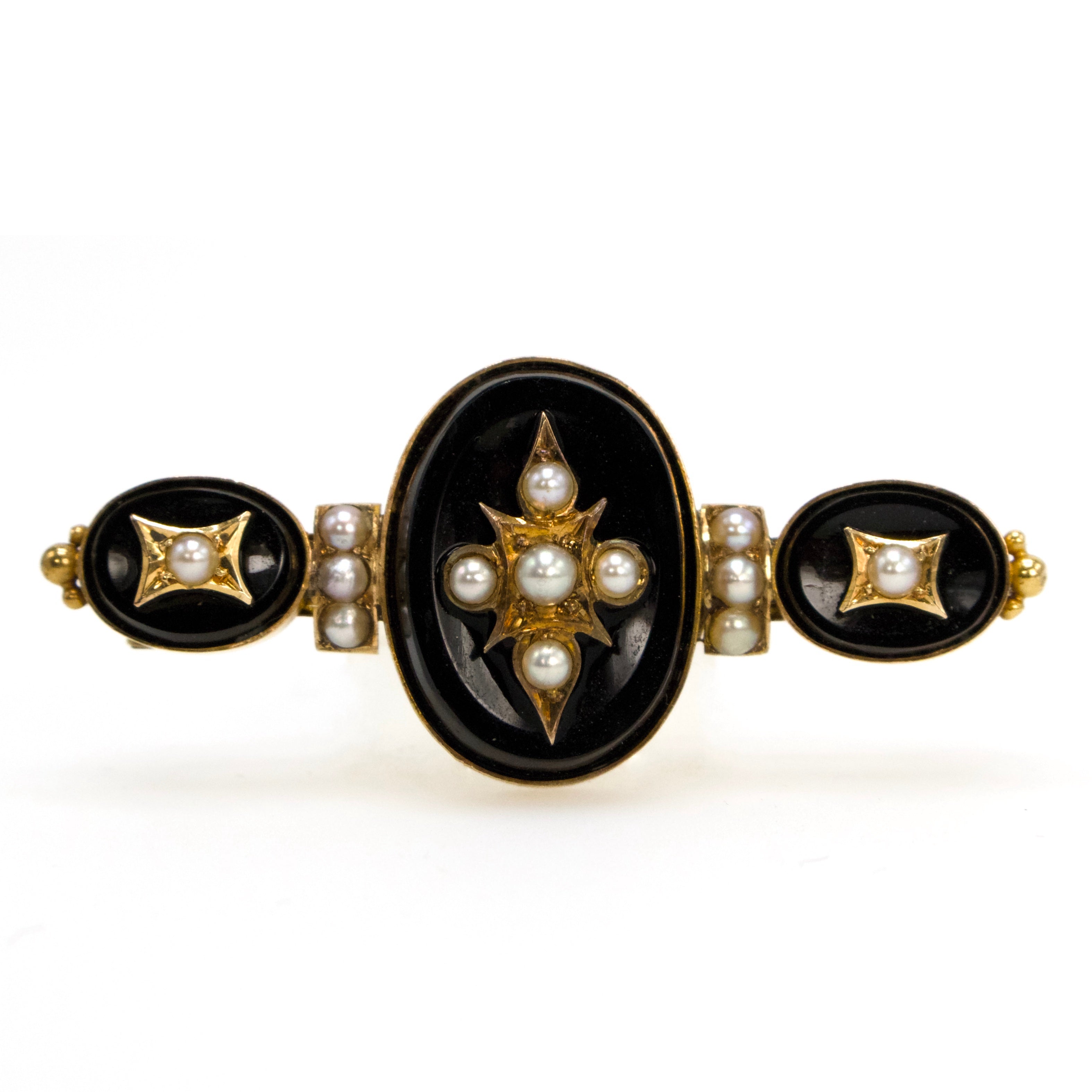 Victorian Onyx and Pearl Mourning Bar Pin in 18K Yellow Gold