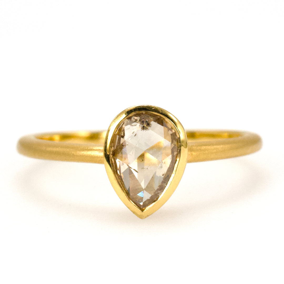 Natural Rose Cut Brown Pear Diamond Solitaire in Matte Finish Gold Bezel Ring