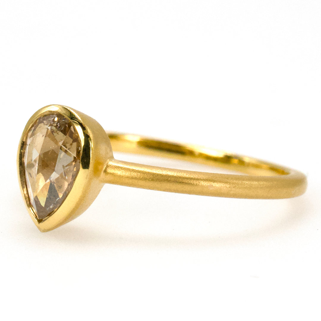 Natural Rose Cut Brown Pear Diamond Solitaire in Matte Finish Gold Bezel Ring