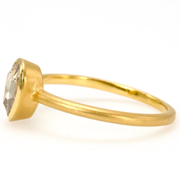Natural Rose Cut Brown Pear Diamond Solitaire in Matte Finish Gold Bezel Ring