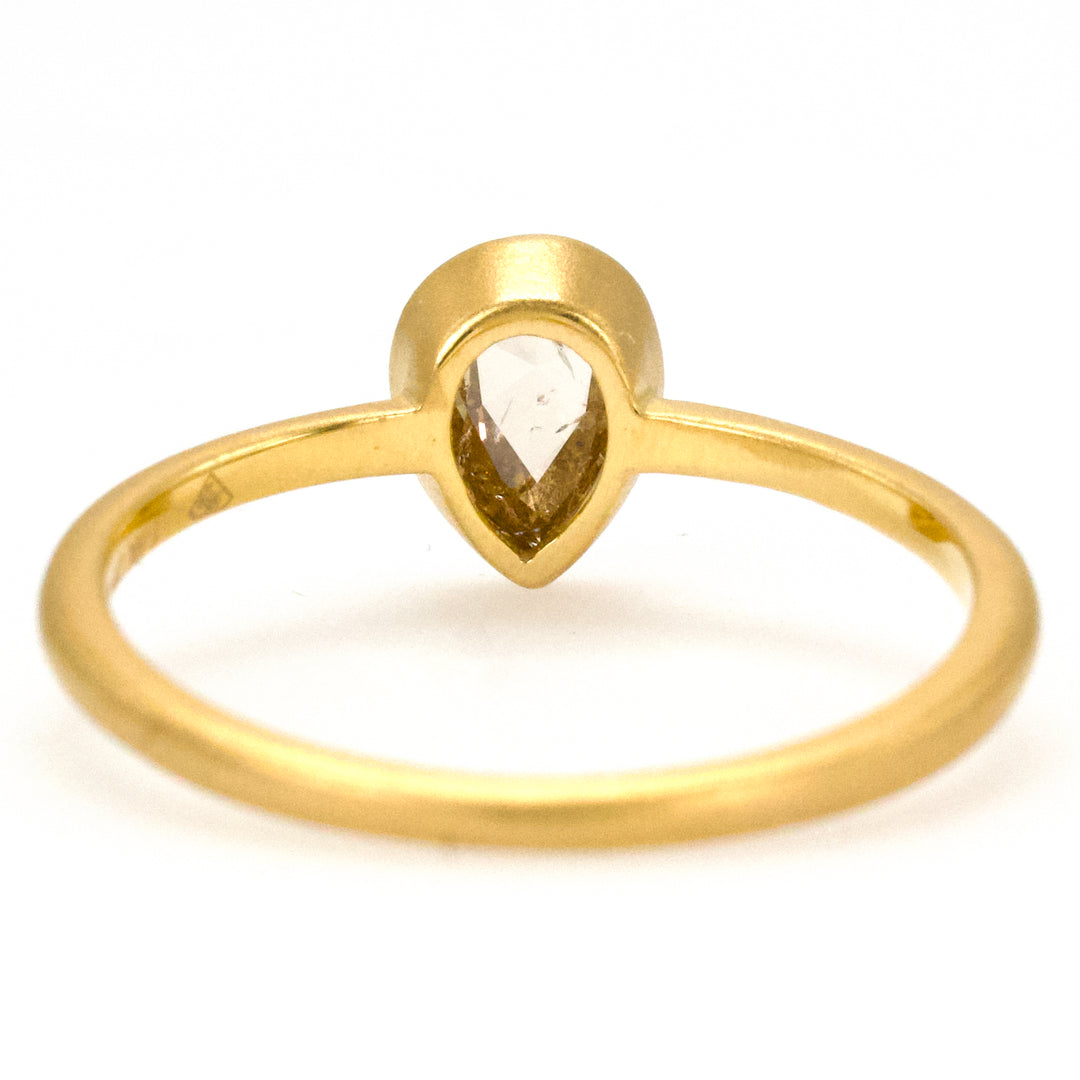 Natural Rose Cut Brown Pear Diamond Solitaire in Matte Finish Gold Bezel Ring