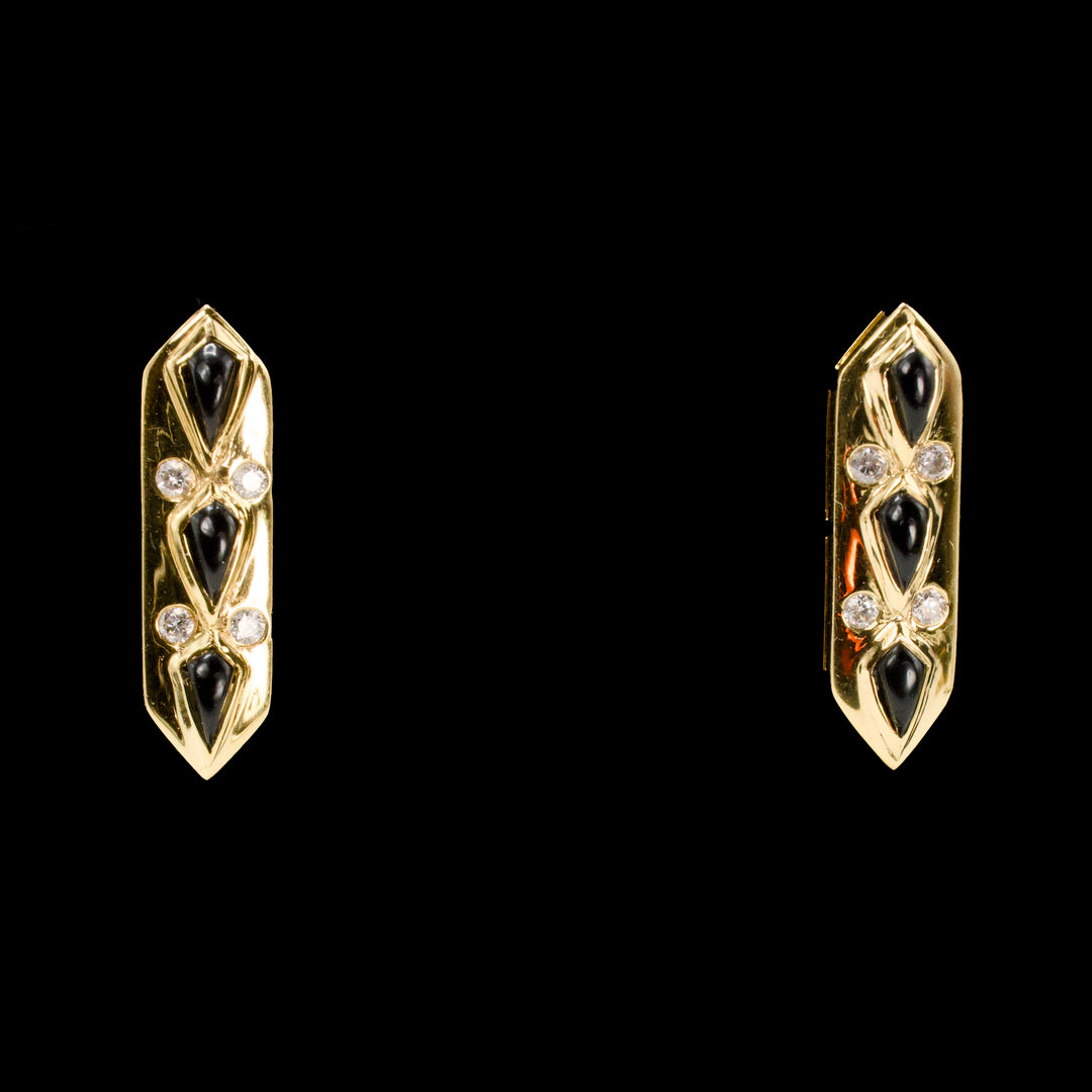 18K Gold, Onyx, and Diamond Pointed Bar Stud Earrings