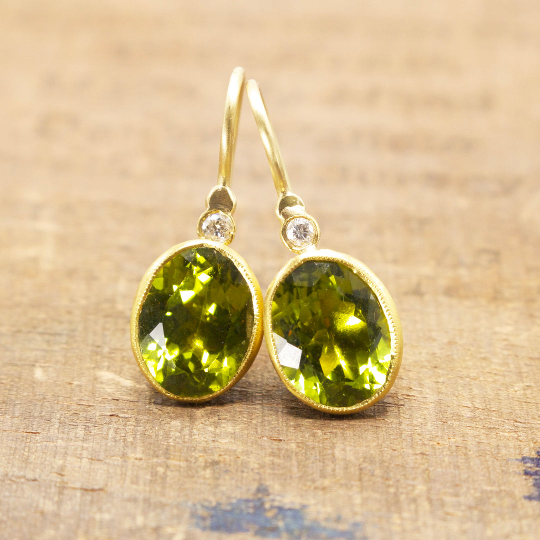 24K Yellow Gold Oval Peridot and Diamond Drop Earrings