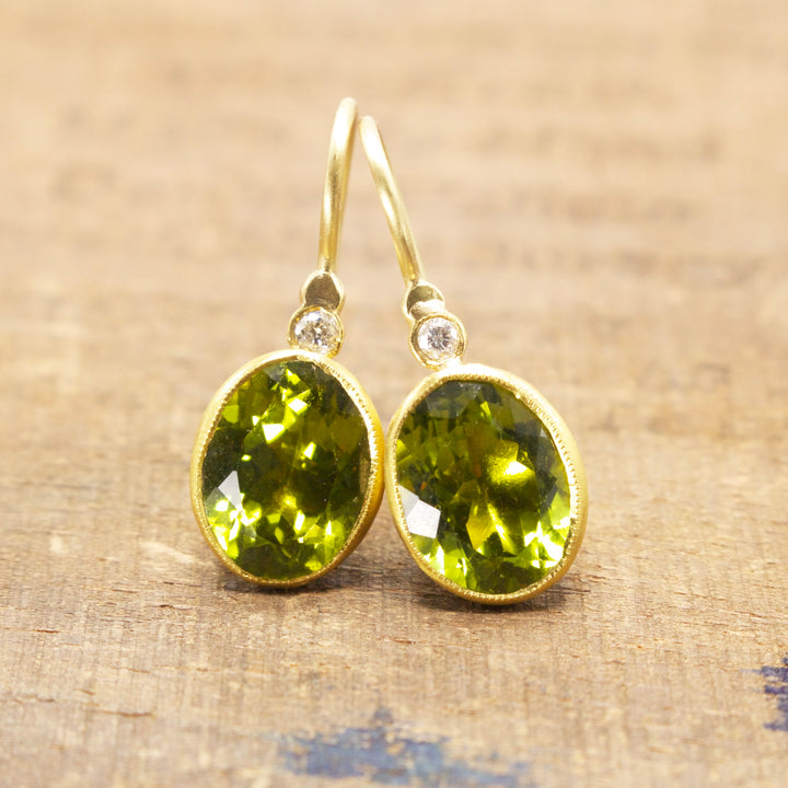 24K Yellow Gold Oval Peridot and Diamond Drop Earrings
