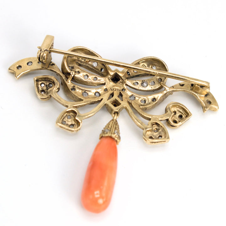Vintage 9K Yellow Gold Rose Cut Diamond and Coral Ribbon Bow Brooch