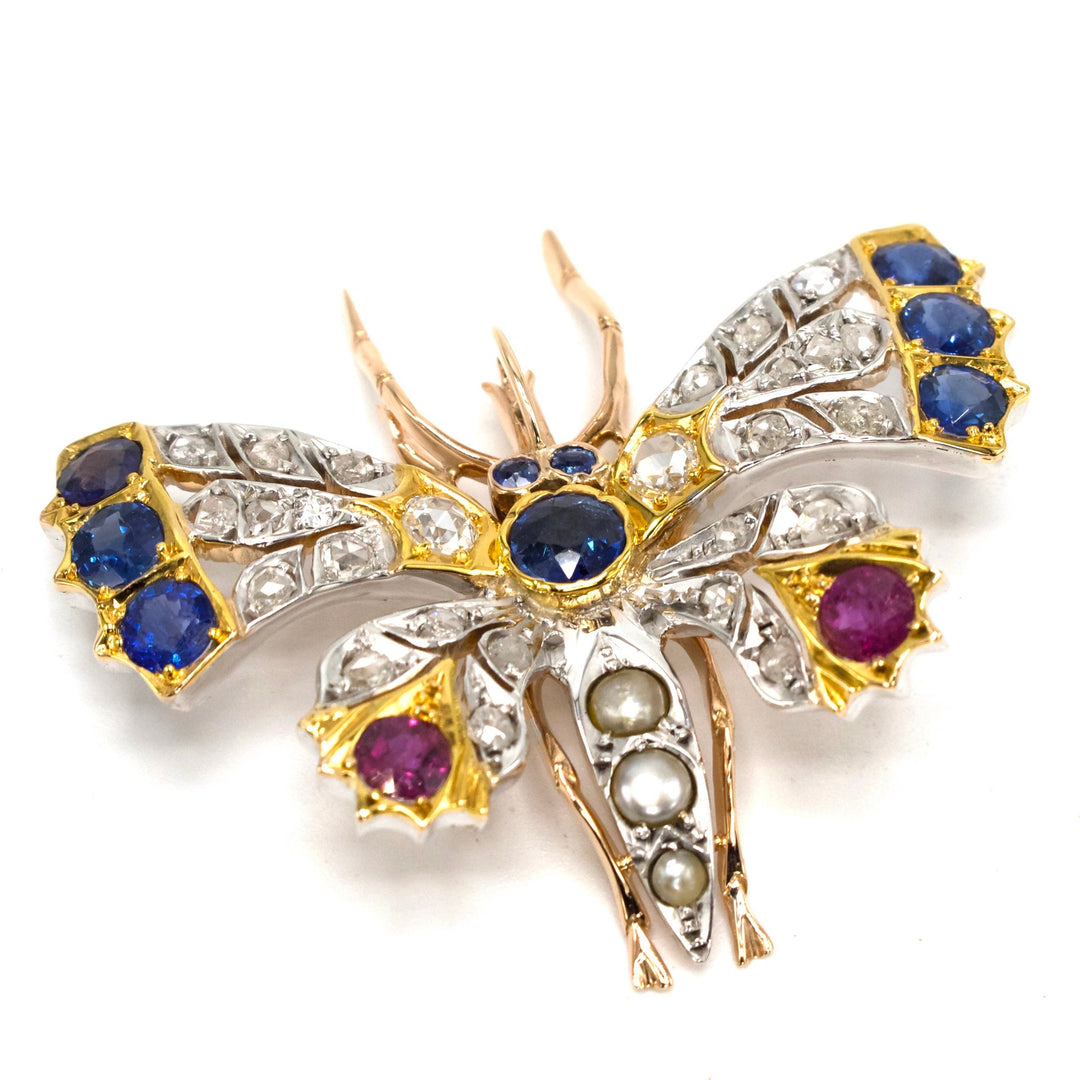Antique Moth Pendant with Sapphires, Diamonds, Rubies, Pearls, and Silver over Gold