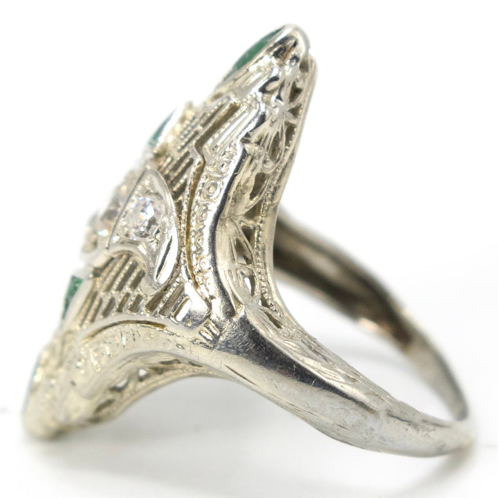 Art Deco 18K White Gold Diamond and Emerald Navette Ring