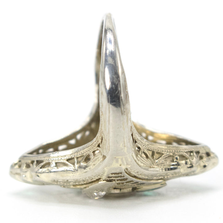 Art Deco 18K White Gold Diamond and Emerald Navette Ring