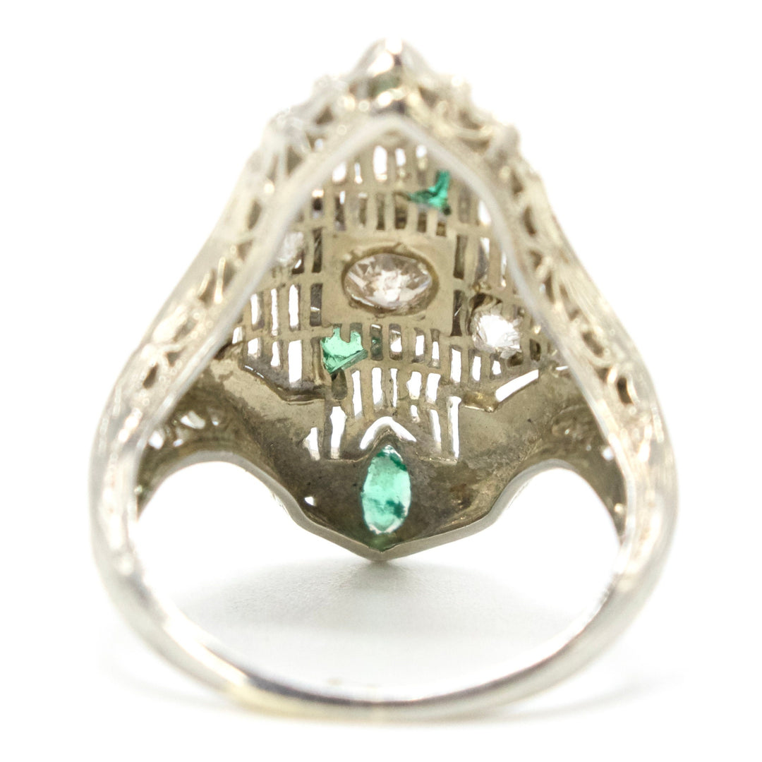 Art Deco 18K White Gold Diamond and Emerald Navette Ring
