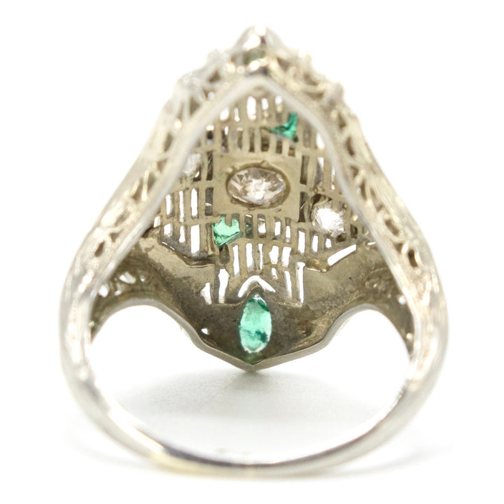 Art Deco 18K White Gold Diamond and Emerald Navette Ring
