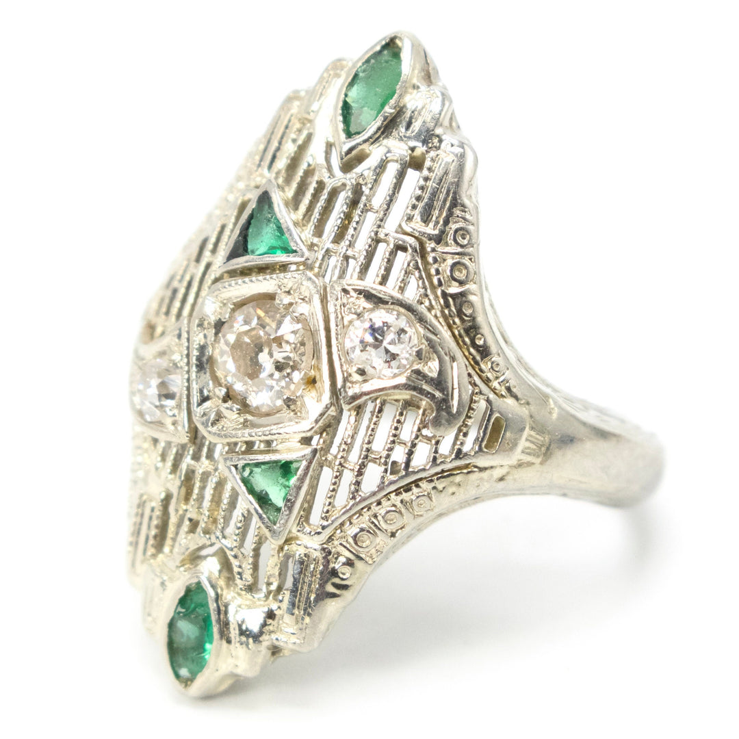 Art Deco 18K White Gold Diamond and Emerald Navette Ring