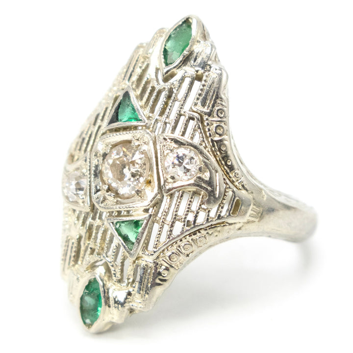Art Deco 18K White Gold Diamond and Emerald Navette Ring