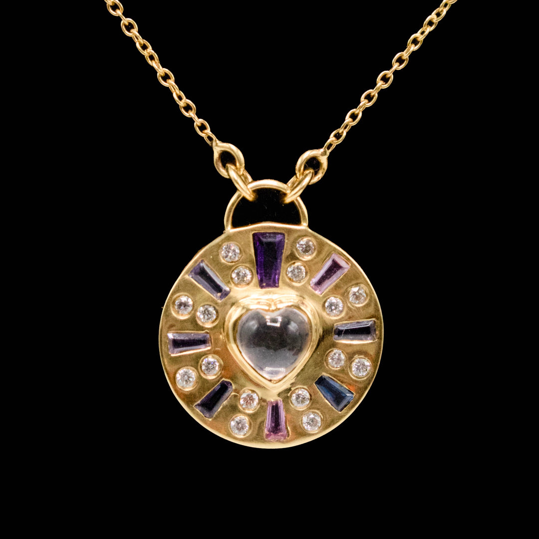 Amethyst, Iolite, Rose Quartz, Sapphire, and Diamond Confetti Style 18K Gold Pendant Necklace
