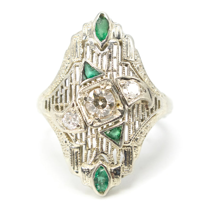 Art Deco 18K White Gold Diamond and Emerald Navette Ring