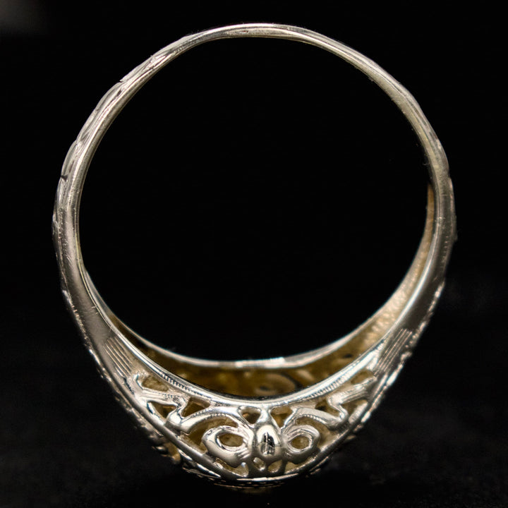 18K White Gold Art Deco 0.59 Carat European Cut Diamond Filigreed Solitaire with Floral Motif