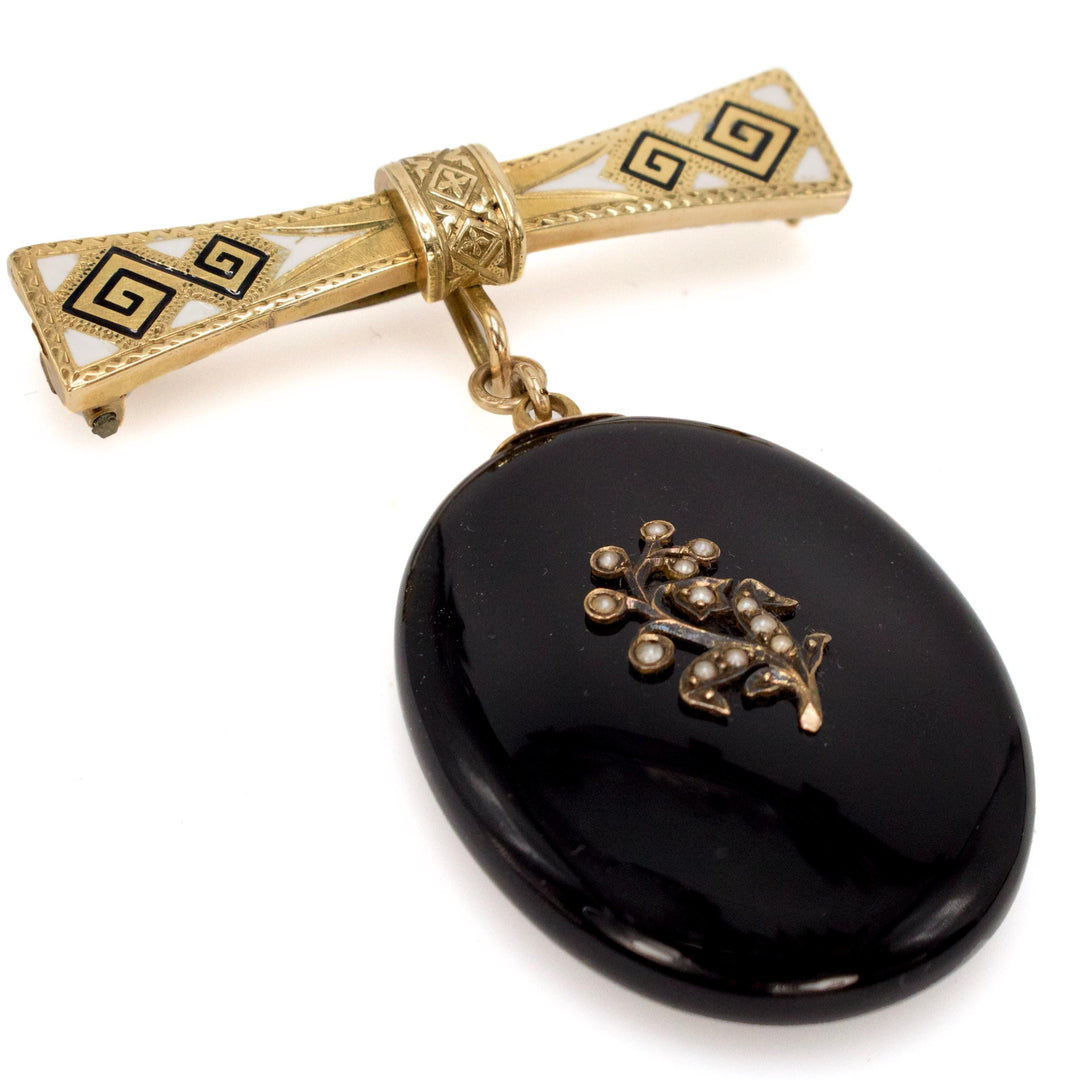 Gold Victorian Mourning Pin with Black and White Enamel and Onyx Glass Locket Pendant with Flower Motif
