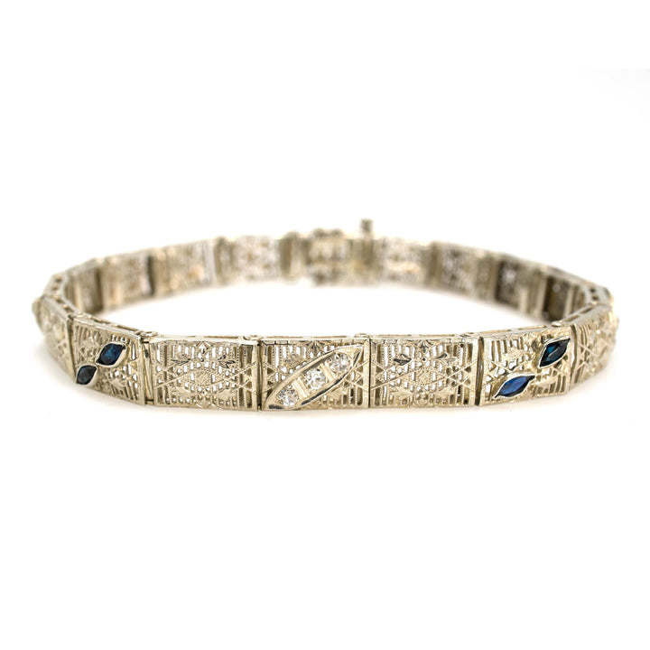 Art Deco Diamond and Sapphire White Gold Link Bracelet
