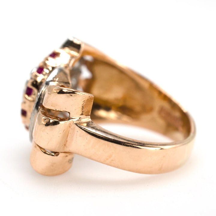 Retro Diamond and Ruby Rosy Gold and Platinum Ring