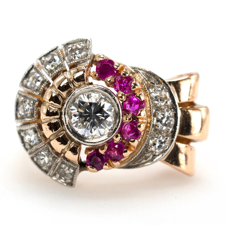 Retro Diamond and Ruby Rosy Gold and Platinum Ring