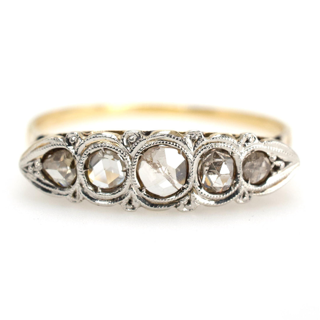 Antique Five Stone Rose Cut Diamond Ring in Gold and Silver