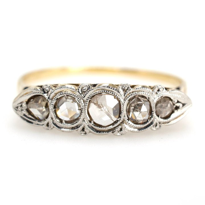 Antique Five Stone Rose Cut Diamond Ring in Gold and Silver