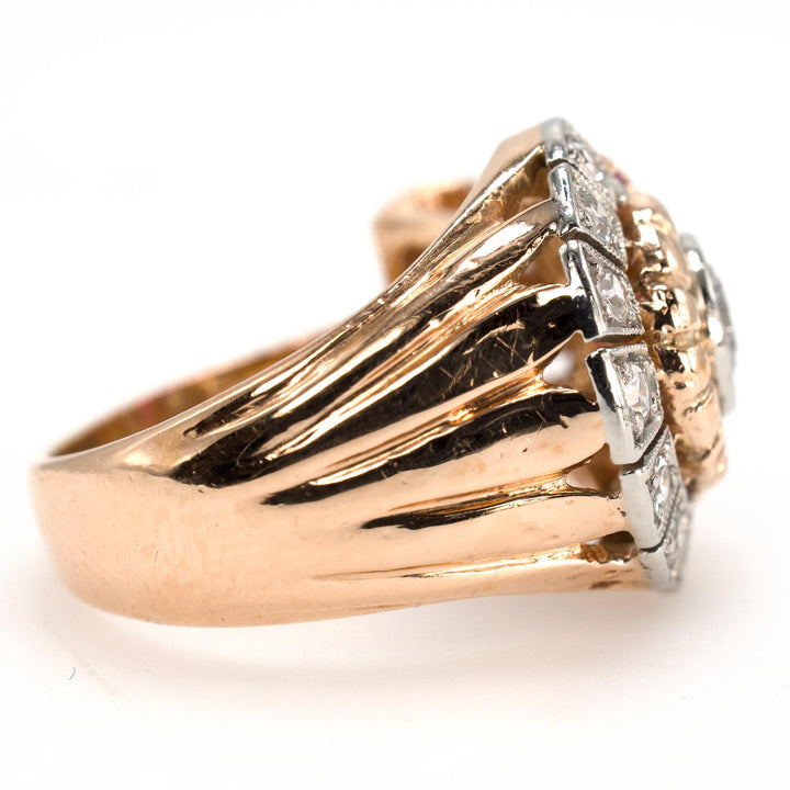 Retro Diamond and Ruby Rosy Gold and Platinum Ring