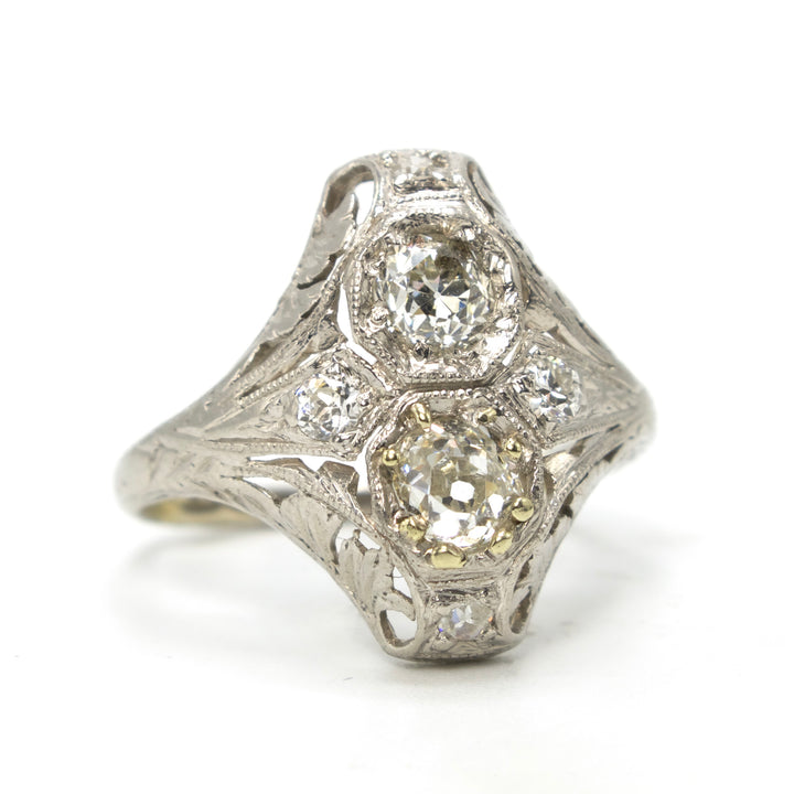 Platinum Toi-et-Moi Navette Art Deco Diamond Engagement Ring