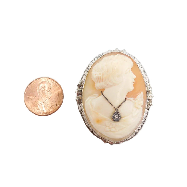 Antique Shell Cameo Pin Brooch in 14K White Gold Filigree Frame