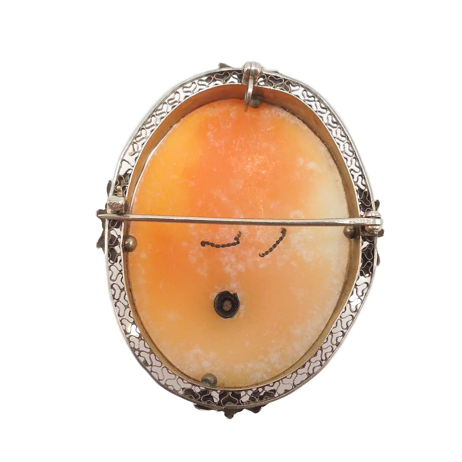 Antique Shell Cameo Pin Brooch in 14K White Gold Filigree Frame