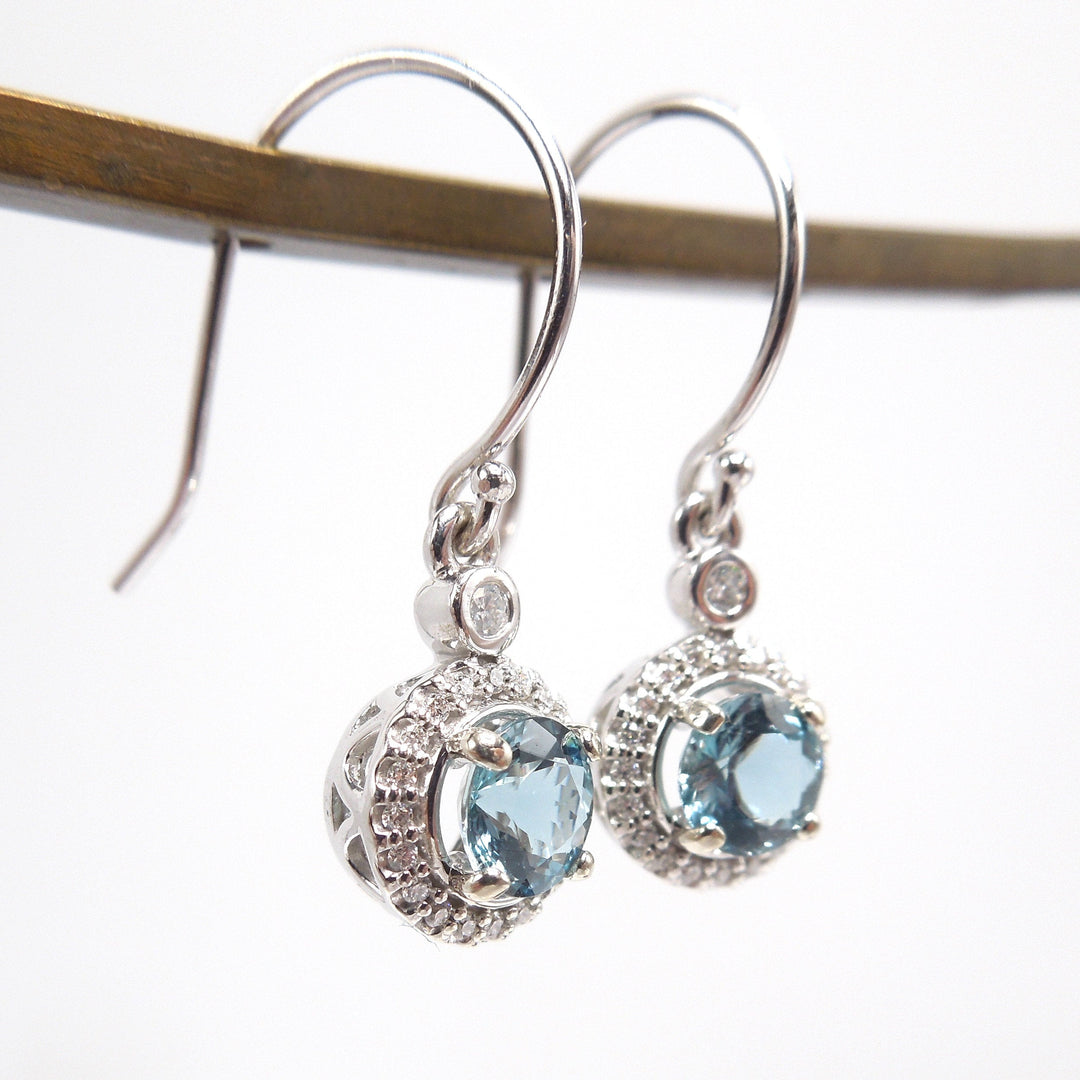 Aquamarine and Diamond Halo Drop Earrings in 14K White Gold