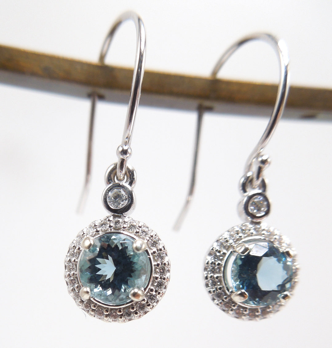 Aquamarine and Diamond Halo Drop Earrings in 14K White Gold