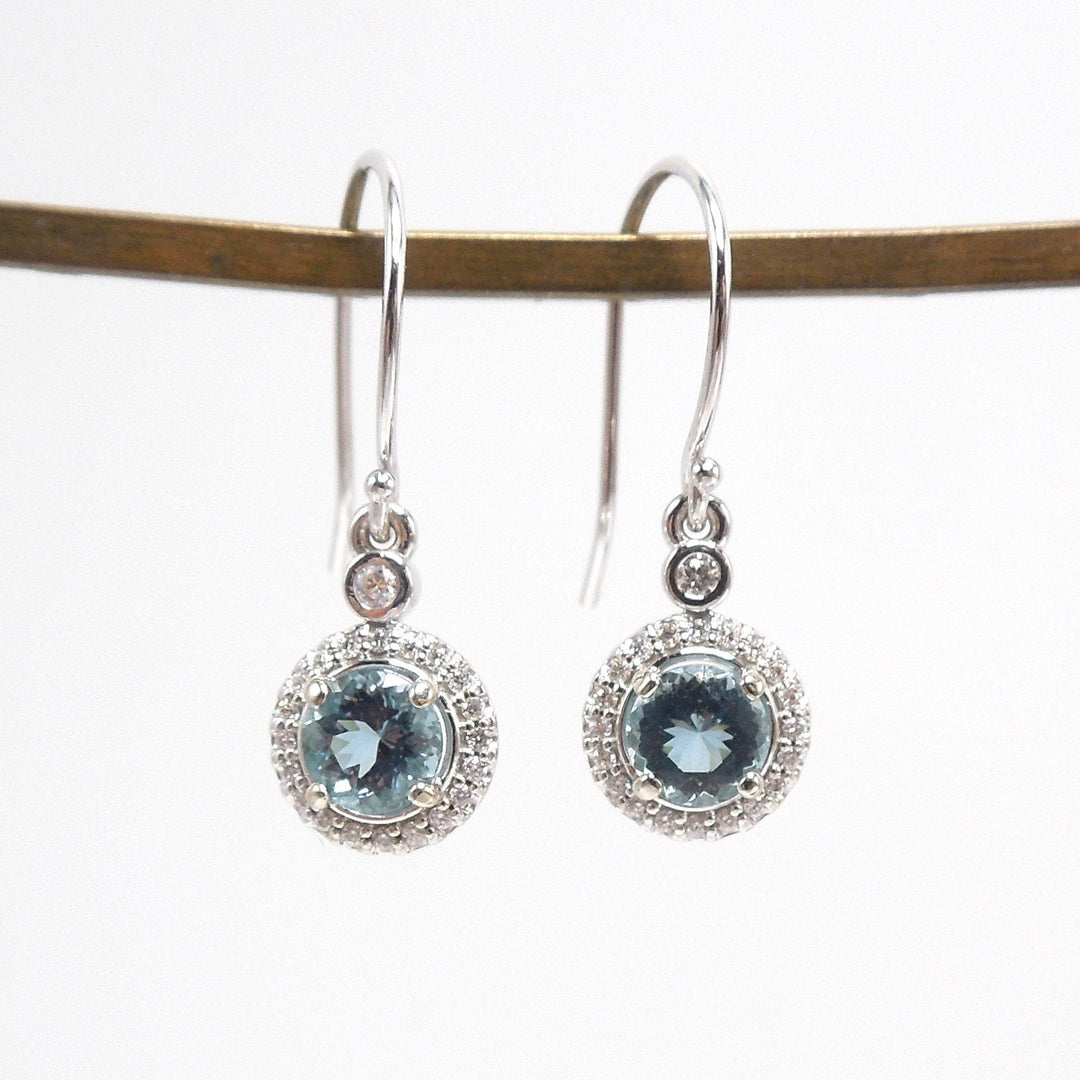 Aquamarine and Diamond Halo Drop Earrings in 14K White Gold
