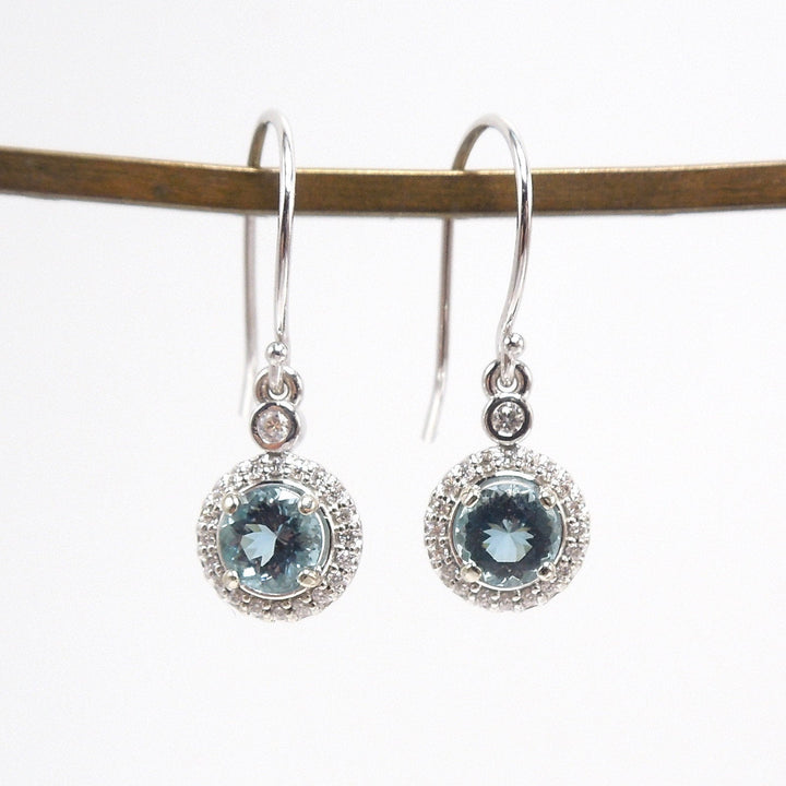 Aquamarine and Diamond Halo Drop Earrings in 14K White Gold