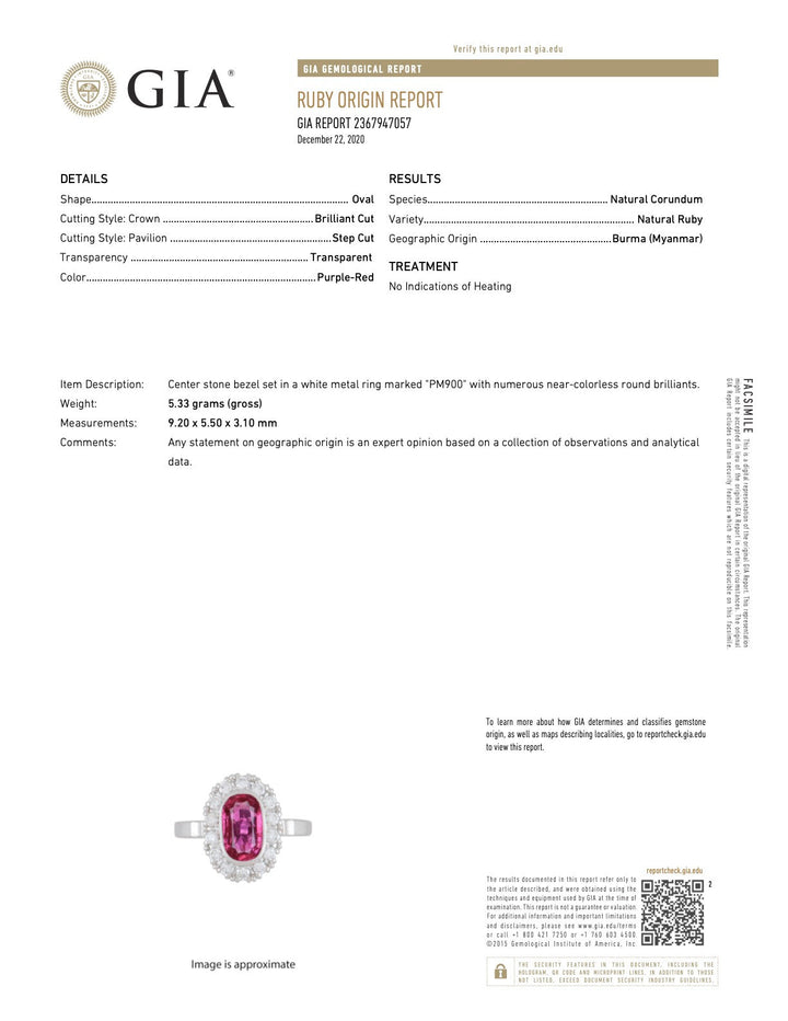 GIA Certified Unheated Oval Ruby & Diamond Platinum Halo Cocktail Ring