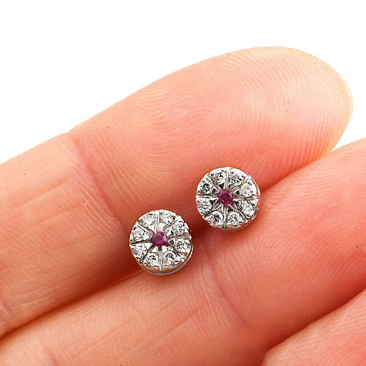 Diamond and Ruby 18K White Gold Small Round Stud Earrings