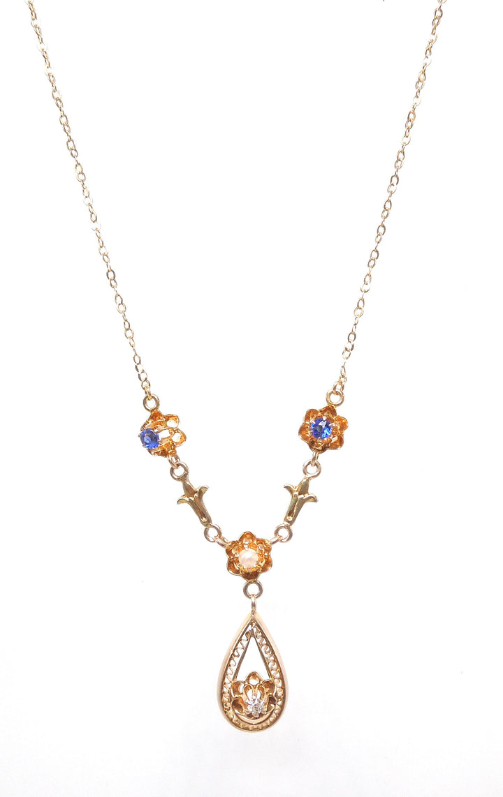 Filigree Victorian Lavalier Necklace in 14K Yellow Gold with Diamond, Sapphires, and Pearl