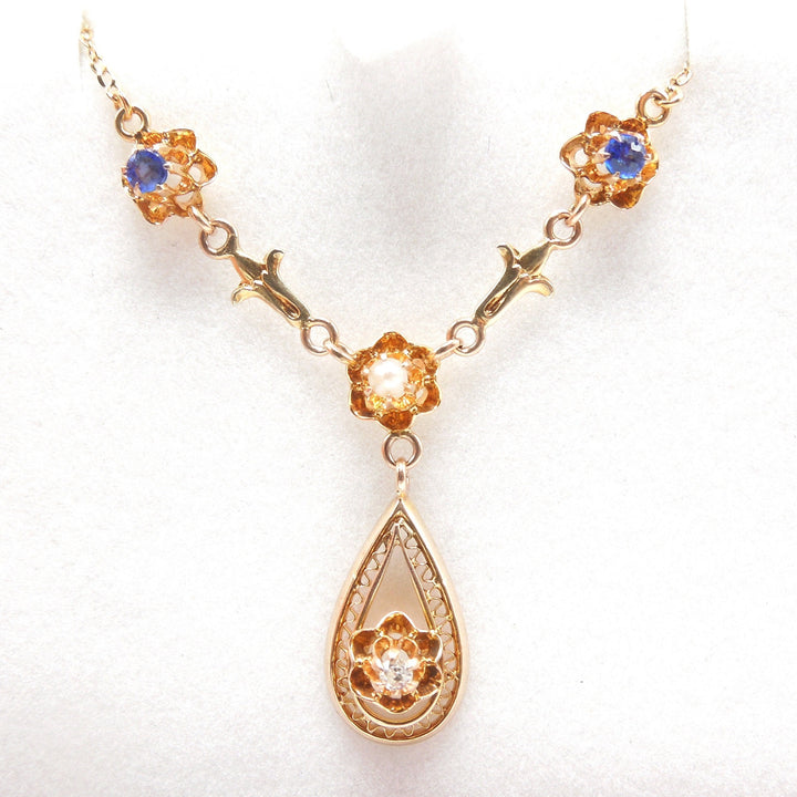 Filigree Victorian Lavalier Necklace in 14K Yellow Gold with Diamond, Sapphires, and Pearl