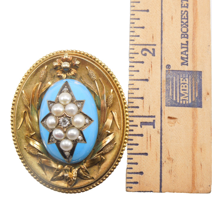 18K Yellow Gold Victorian Locket with Starburst of Pearls and Rose Cut Diamonds Inlaid in Turquoise Glass
