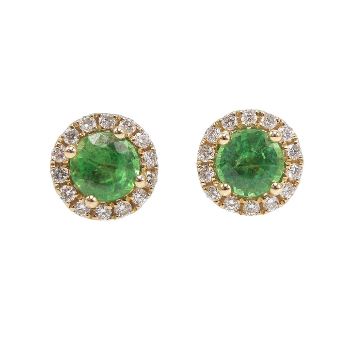 14K Yellow Gold Green (Tsavorite) Garnet and Diamond Halo Stud Earrings