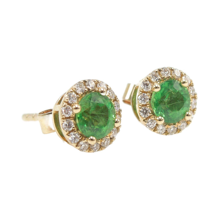 14K Yellow Gold Green (Tsavorite) Garnet and Diamond Halo Stud Earrings