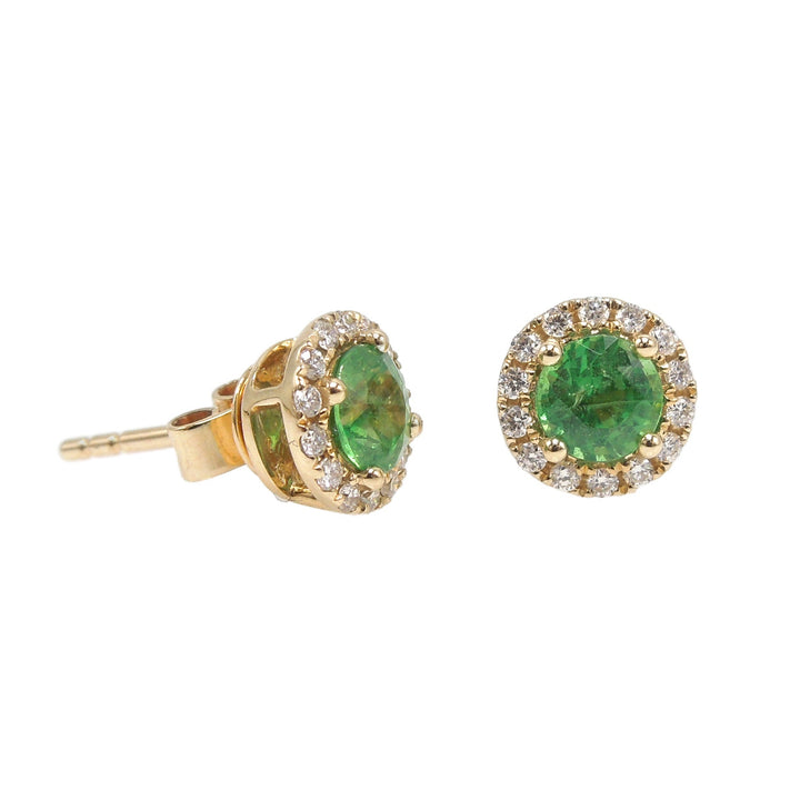 14K Yellow Gold Green (Tsavorite) Garnet and Diamond Halo Stud Earrings