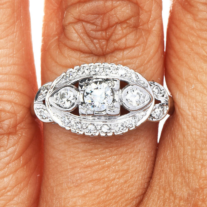 Vintage Almond Shaped 0.25ct Diamond Engagement Ring in 14K White Gold with Accent Diamonds