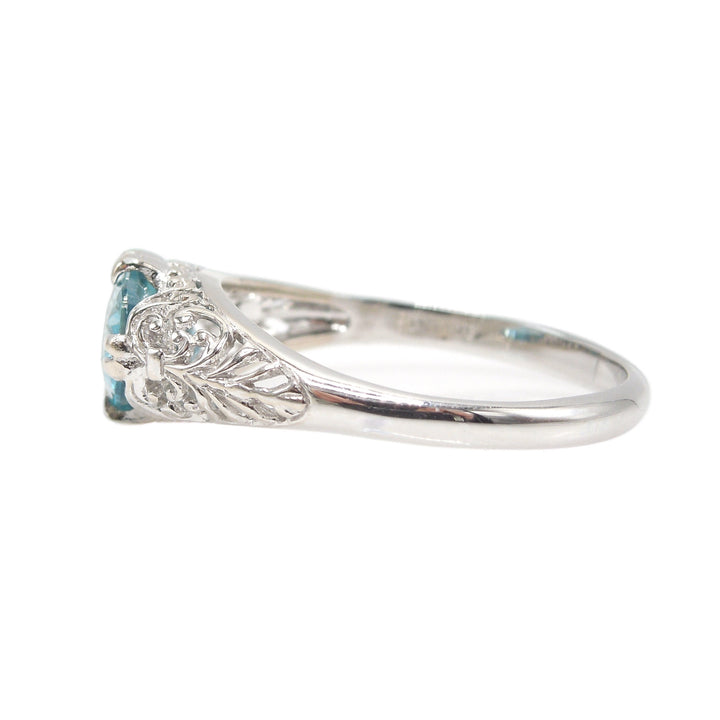 Art Deco Style Filigree Ring in 14K White Gold with Oval Blue Zircon Set Sideways