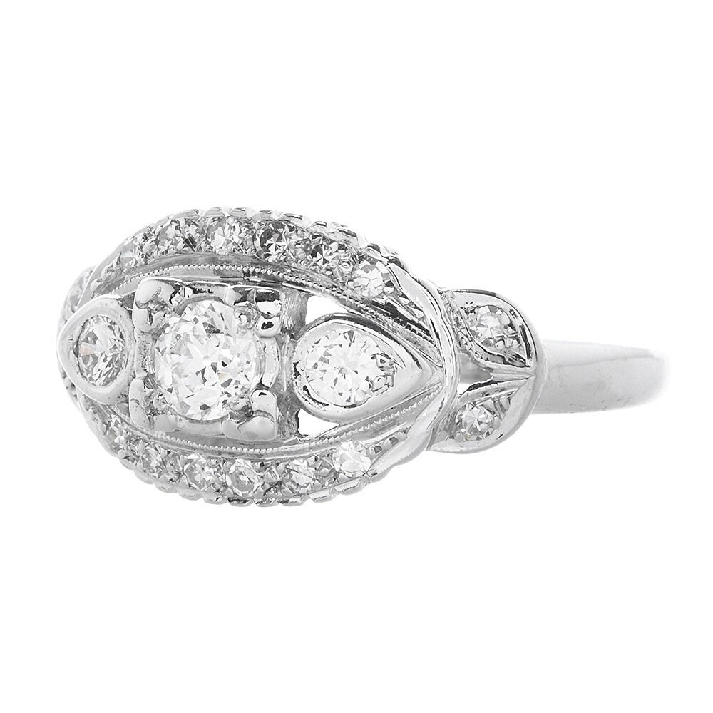 Vintage Almond Shaped 0.25ct Diamond Engagement Ring in 14K White Gold with Accent Diamonds